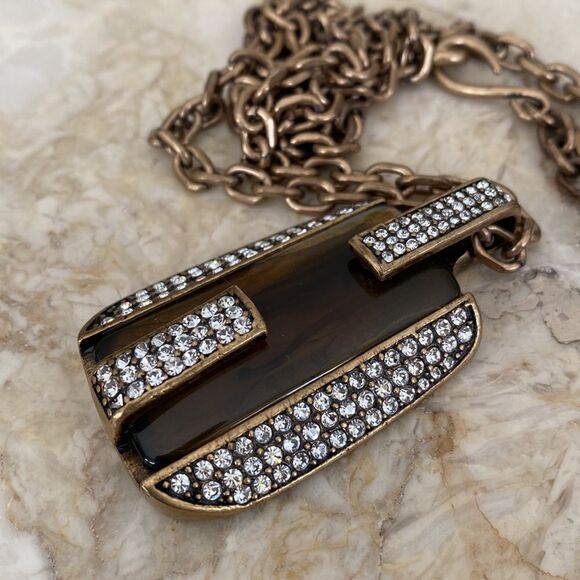 Ann Taylor Chunky Bronze Rhinestone Pendant Necklace 30” - Picture 5 of 8